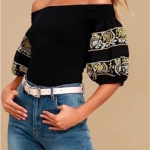 Free People Rock With It Black Off the shoulder Puff Sleeve w/ Embroidery Sz XS